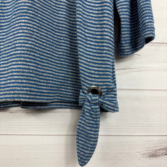 Women's ONYX Moda Blue Gray Striped Quarter Sleeve Tie Knot Blouse Size XL - Picture 3 of 7